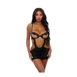 Open Cut Underwire Lace & Mesh Chemise w/G-String Black